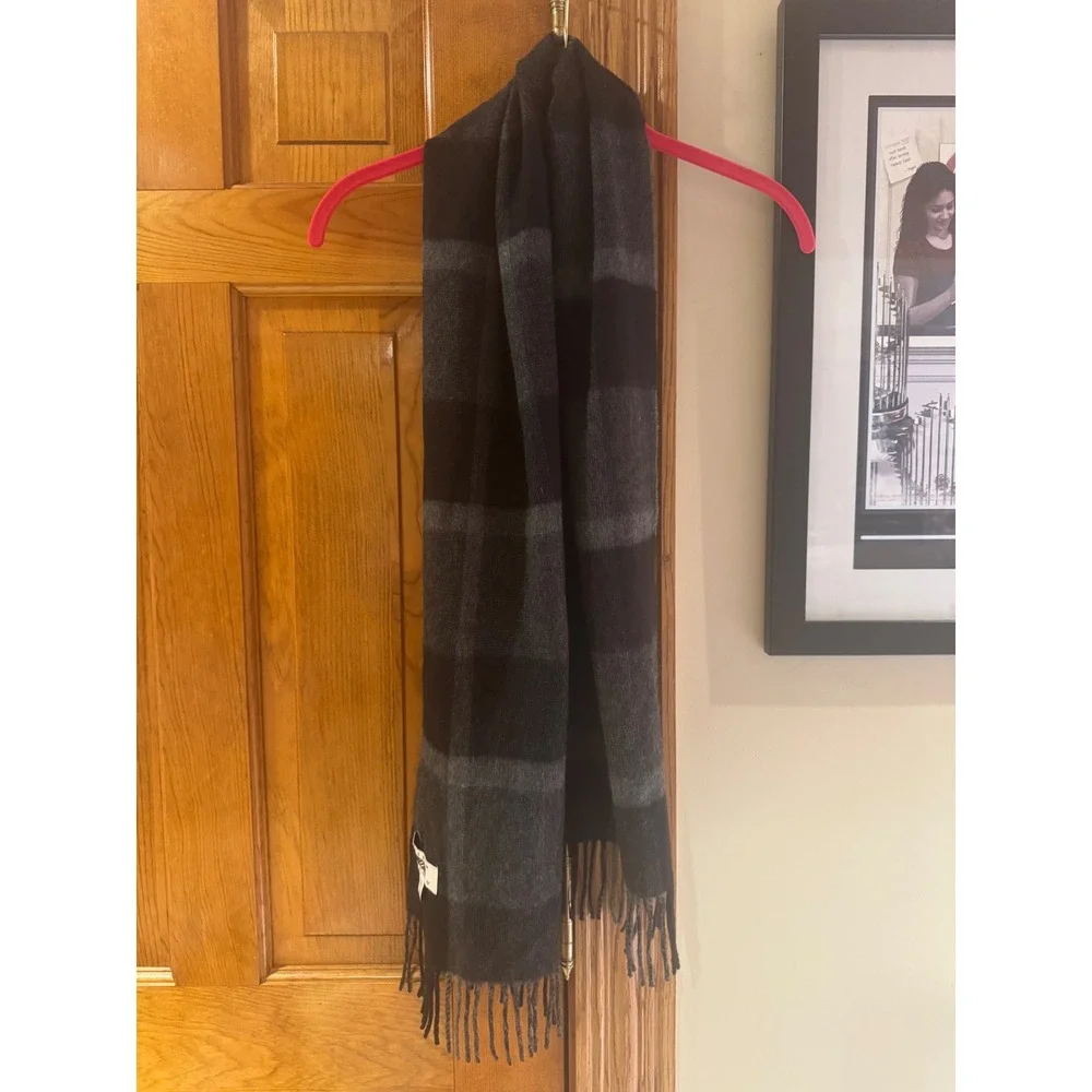 Joseph Abboud Mens 100% Cashmere Scarf Black Grey Plaid Check Fringe Winter Wrap